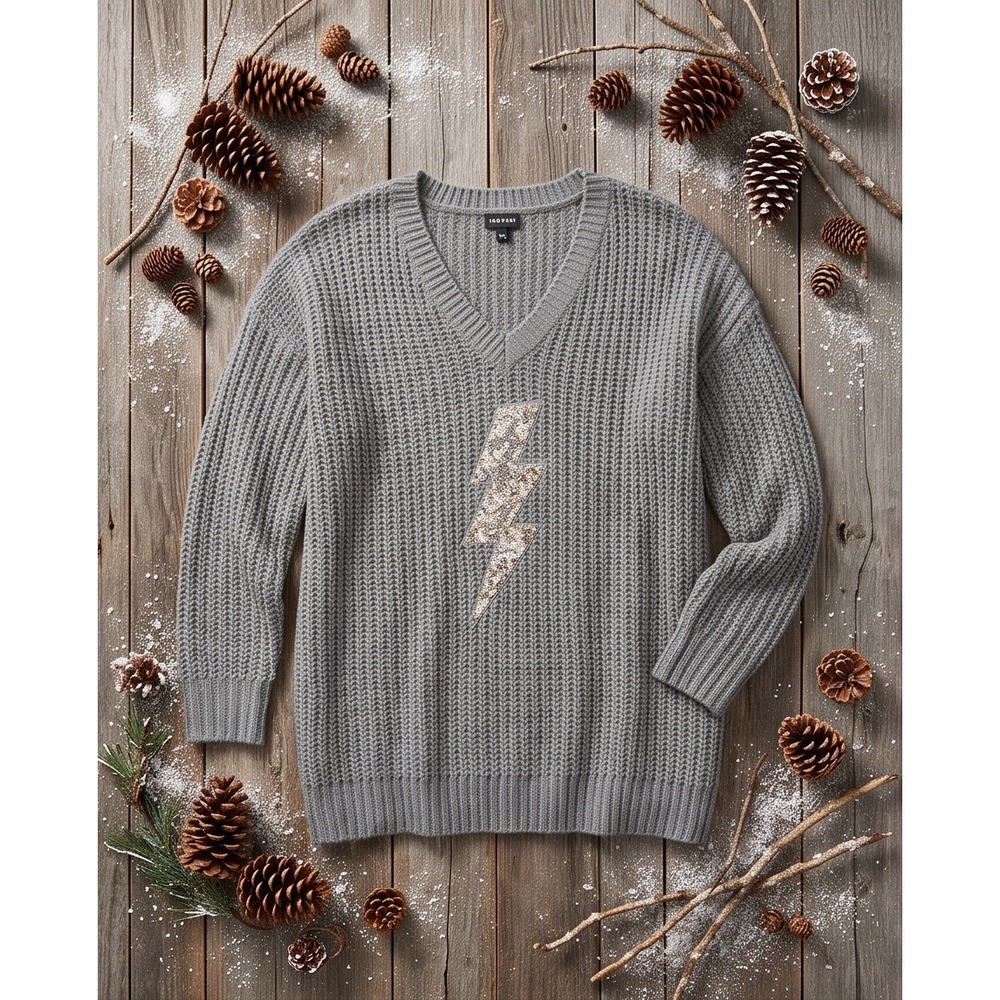 Torrid 1 Womens Gray V-Neck Beaded Lightning Bolt Shaker Knit Sweater Size 1X